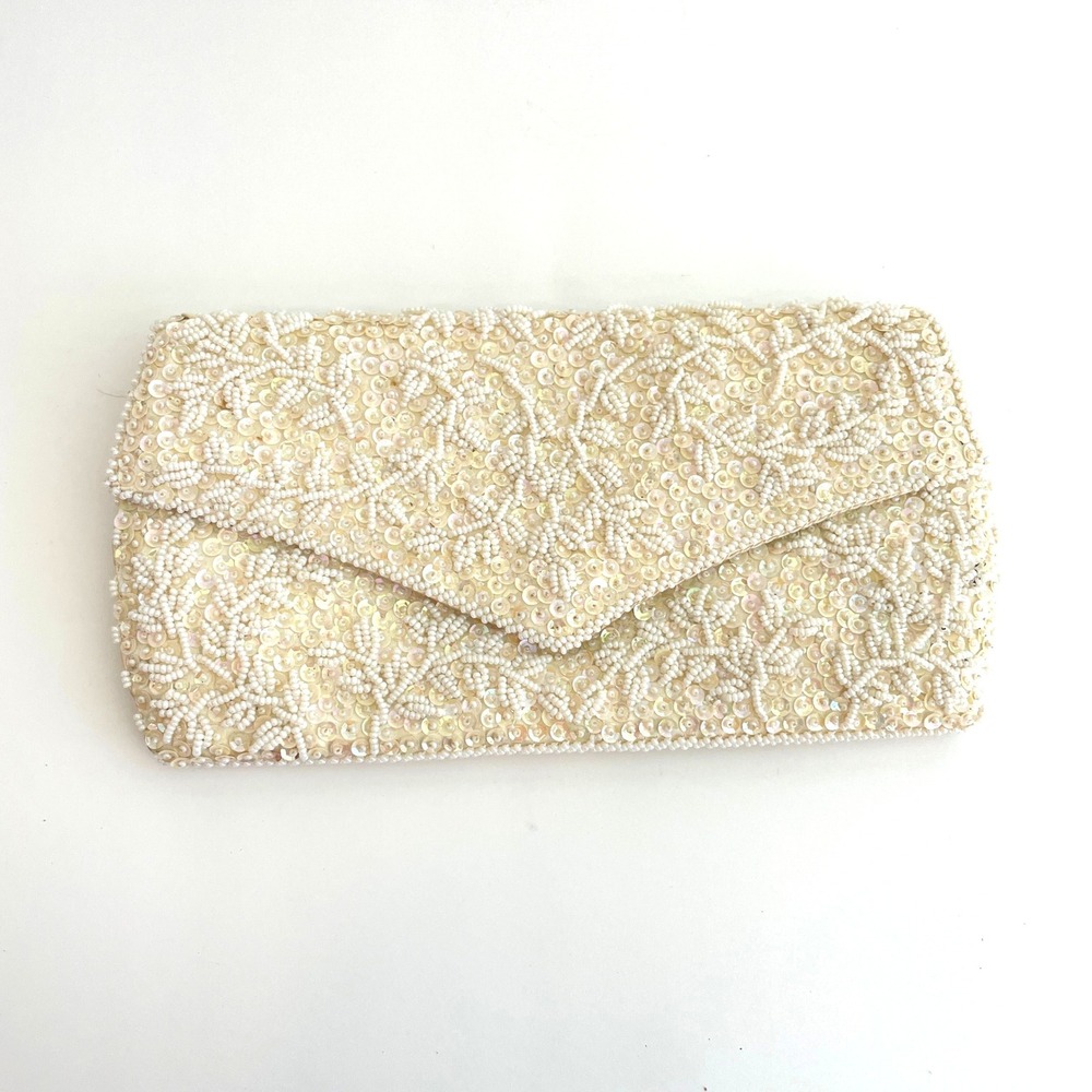 Vintage La Regale Ivory Beaded Sequin Evening Clutch Bag Hand Made Hong Kong
